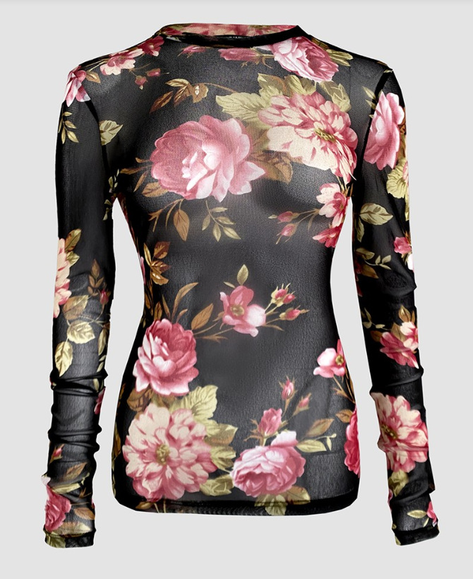 Womens Floral Print Blouse Elegant Crewneck Top Fitted Casual Style T-shirt
